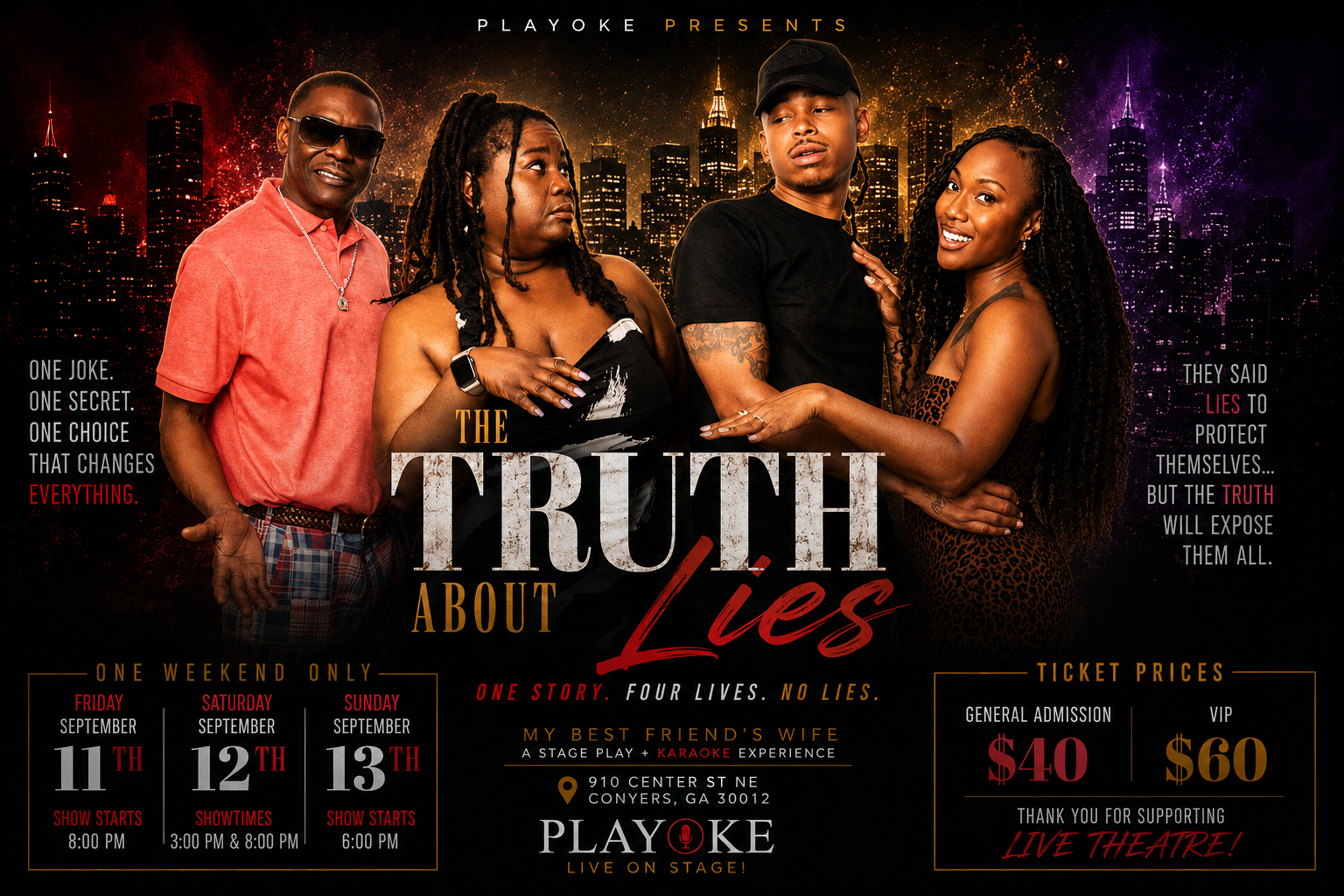 Terry, April, Damon and Lisa — the cast of The Truth About Lies against a city skyline